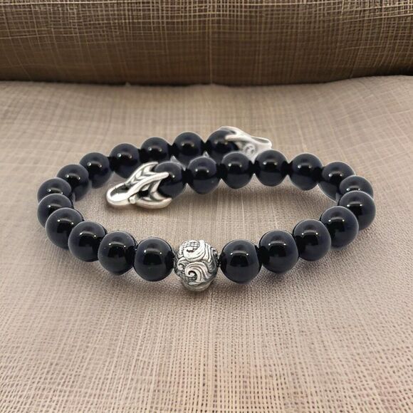David Yurman Estate Onyx Carved Prayer Beads Bracelet 8.5" Silver DY532 - Picture 1 of 13